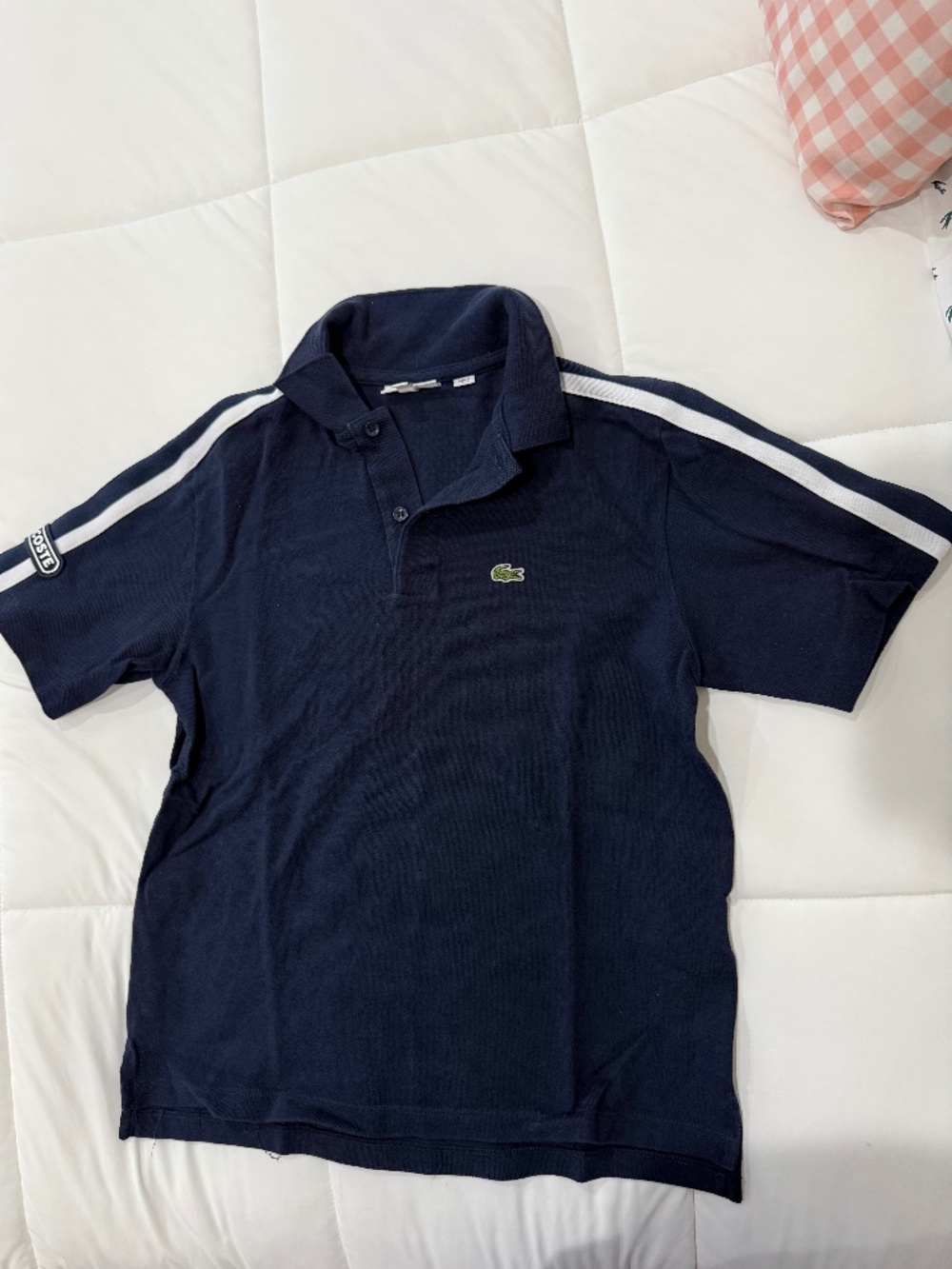Lacoste Boys Navy Blue Polo Shirt with White Shoulder Stripes - Picture 1 of 7
